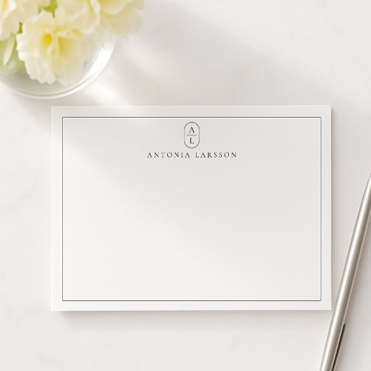 White Minimalist Monogram Name Flat Note Card Notitiekaartje