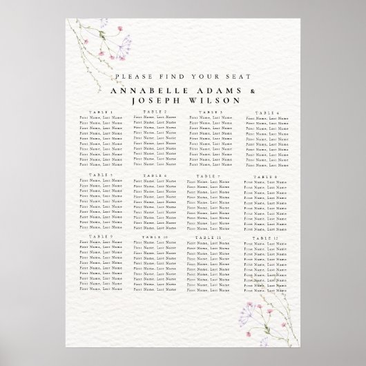White Minimalist watercolor flowers Seating Charts Poster (Voorkant)