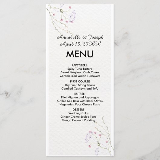 White Minimalist watercolor flowers wedding Menu (Voorkant)