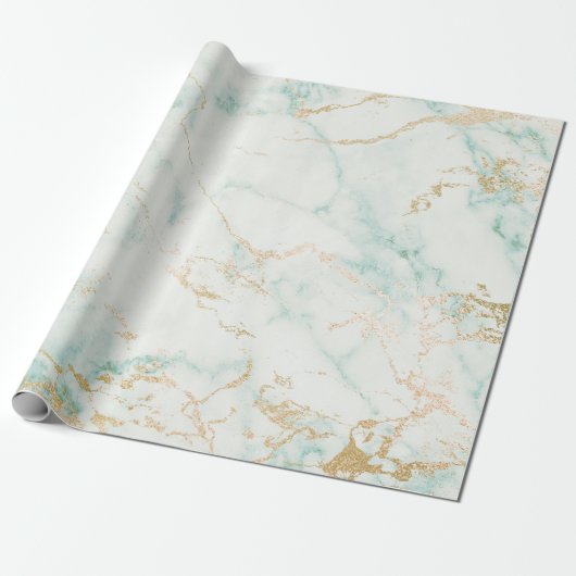 White Mint Green Gold Glam Marble Cadeaupapier (Uitgerold)