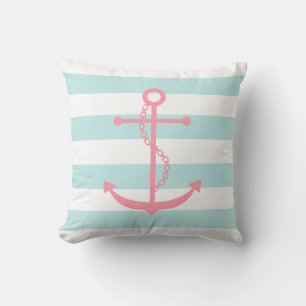 White Mint & Pink Wide Stripes Pattern Anchor Kussen