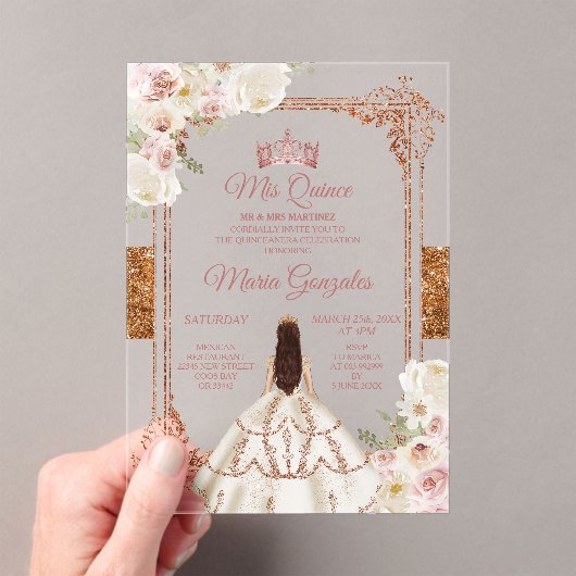 White Mis Quince Crown Rose Gold Quinceañera Acryl Uitnodigingen (Insitu (Draagbaar))
