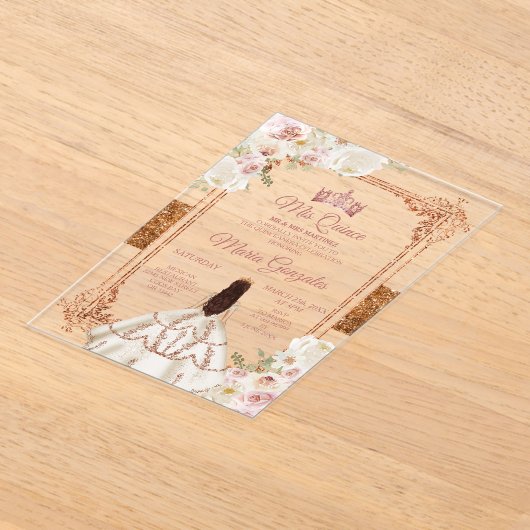 White Mis Quince Crown Rose Gold Quinceañera Acryl Uitnodigingen (Laagn)