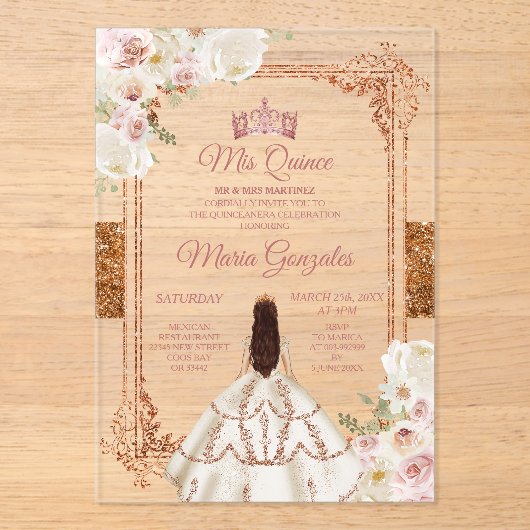 White Mis Quince Crown Rose Gold Quinceañera Acryl Uitnodigingen (Voorkant)