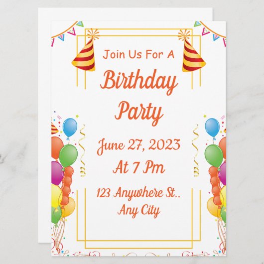 White Modern Birthday Party Kaart (Voorkant / Achterkant)