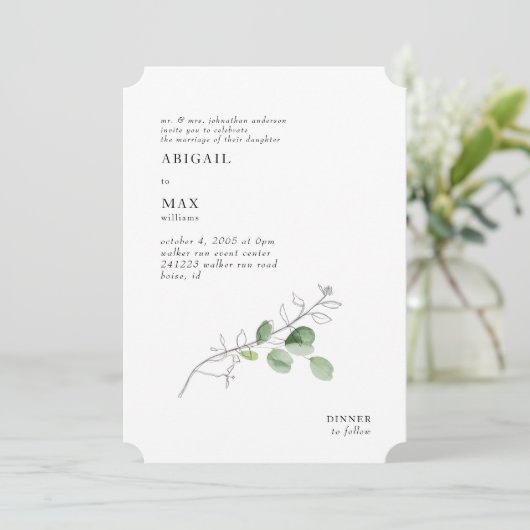 White Modern Botanical Foliage Ticket Wedding Kaart (Staand voorkant)