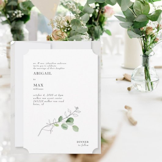 White Modern Botanical Foliage Ticket Wedding Kaart