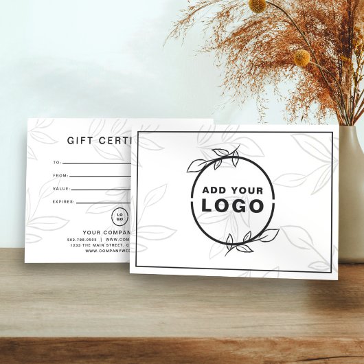 White Modern Leaf Pattern Logo Cadeaucertificaat Visitekaartje