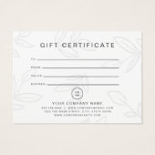White Modern Leaf Pattern Logo Cadeaucertificaat Visitekaartje (Achterkant)