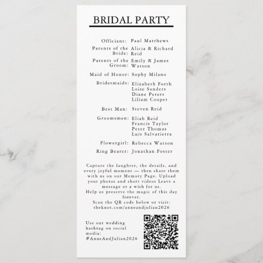 White Modern Minimalist Bridal Program QR Code Programmakaart (Achterkant)