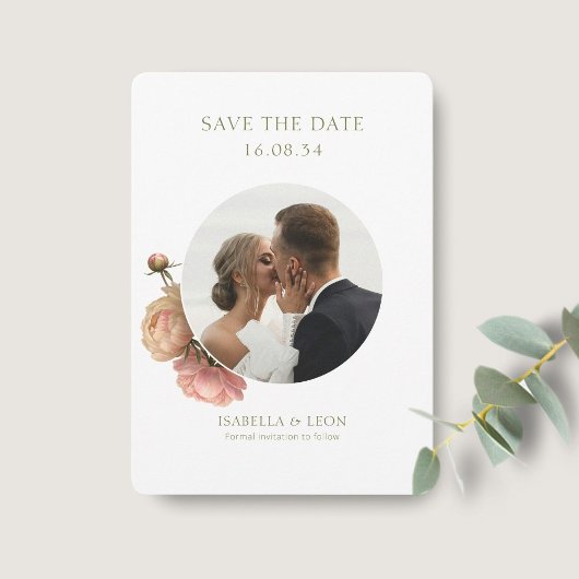 White | Modern Olive Green Rose Save the Date Kaart