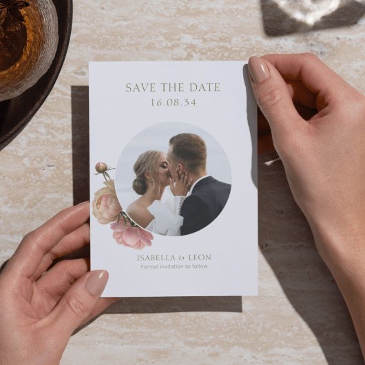 White | Modern Olive Green Rose Save the Date Kaart