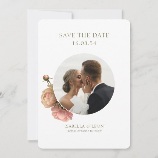 White | Modern Olive Green Rose Save the Date Kaart (Voorkant)