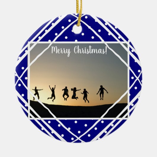 White Modern Photo Merry kerst Navy Keramisch Ornament (Voorkant)