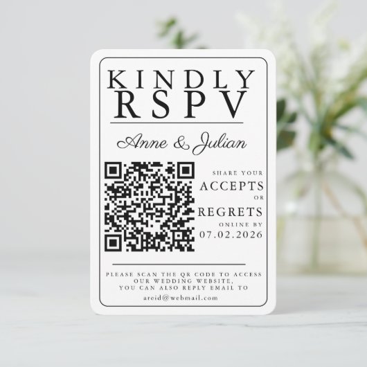 White Modern Photo RSVP Insert QR Code Kaartje (Staand voorkant)