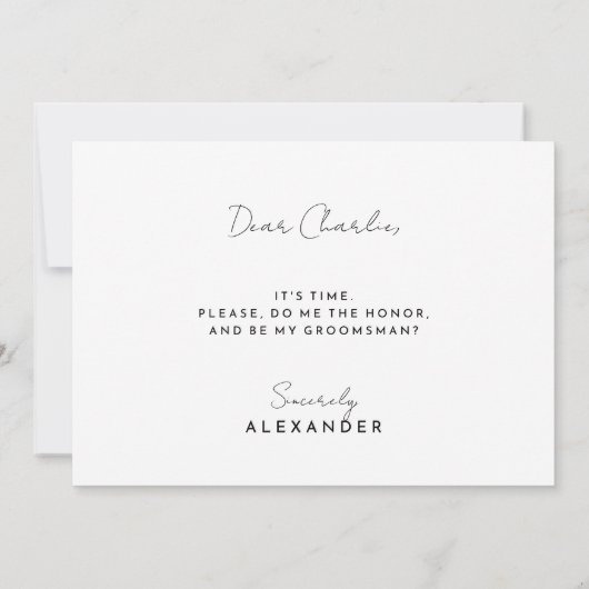 White Modern Script Groomsman Voorstel Kaart (Achterkant)