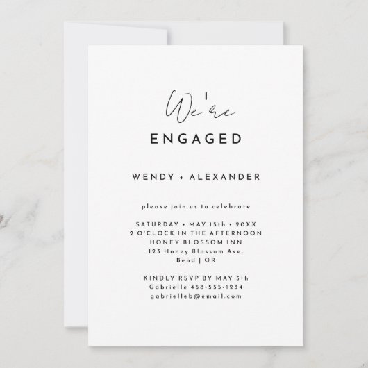 White Modern Script We're Engaged Photo Verloving Kaart (Voorkant)