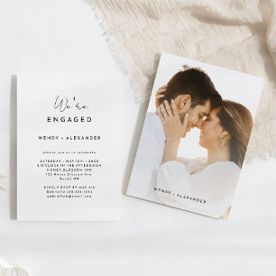 White Modern Script We're Engaged Photo Verloving Kaart
