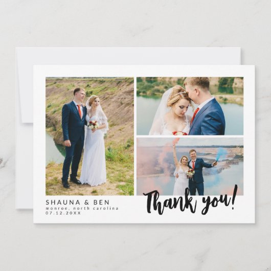 White Modern Wedding 3 Foto Collage Hartelijk dank Bedankkaart (Voorkant)