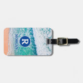 White Monogram & Blue Name, Beach Waves, Info Vs 3 Bagagelabel (Voorkant horizontaal)