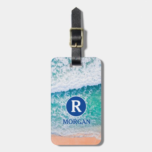 White Monogram & Blue Name, Beach Waves, Info Vs 3 Bagagelabel (Voorkant verticaal)