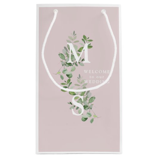 White Monogram Eucalyptus Pink Weddenschap Welkom Klein Cadeauzakje (Achterkant)