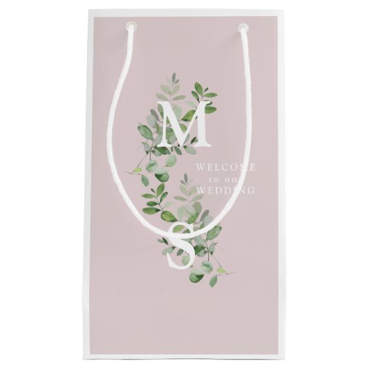 White Monogram Eucalyptus Pink Weddenschap Welkom Klein Cadeauzakje (Voorkant)