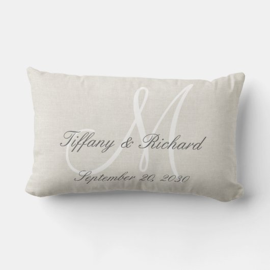 White Monogram Rustic Kijk Linen Wedding Kussen (Achterkant)
