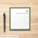 White Monogram voor professioneel blinde olijven Notitieblok<br><div class="desc">Een professioneel notitieblok met een minimalistisch ontwerp in een olijfgroen en wit kleurenpalet. Aangepast monogram initiaal en naam op een eenvoudige witte achtergrond,  omgeven door een olijfgrens. Pas het gebruiken van de verstrekte gebieden aan of gebruik de "bericht"knoop om de ontwerper voor hulp te contacteren.</div>