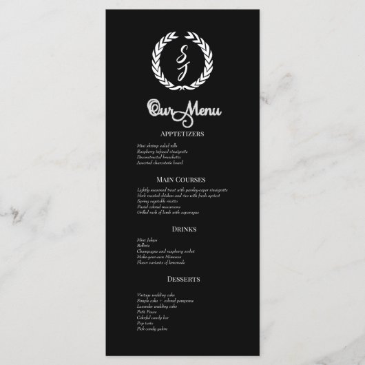 White Monogram Wreath on black Dinner Menu (Voorkant)