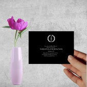 White Monogram Wreath on Black Wedding Rehearsal Kaart