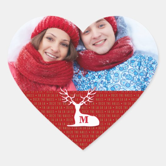 White Monogrammed Reindeer met Foto Hart Sticker (Voorkant)