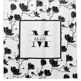 White Monogrammed White en Black Magnolia Flower Douchegordijn