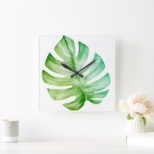 White Monstera Leaf Botanical Tropical Vierkante Klok (Huis)