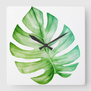 White Monstera Leaf Botanical Tropical Vierkante Klok