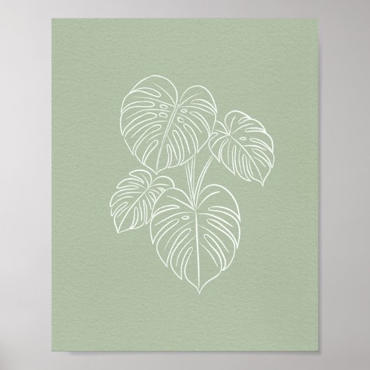 White Monstera Leaf Line Art on Sage Green  Poster (Voorkant)