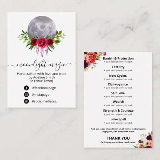 White Moon Crystal Spell Jar Kit Visitekaartje (Voorkant / Achterkant)