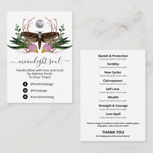White Moon Moth Spell Jar Kit Visitekaartje (Voorkant / Achterkant)