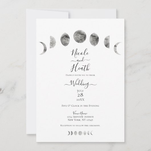 White Moon Phases Waterverf Minimal Wedding Kaart (Voorkant)