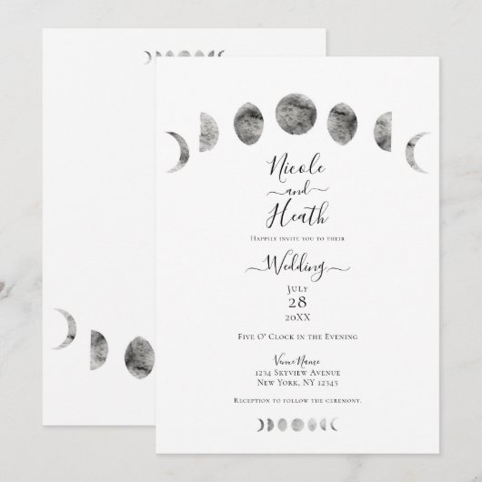 White Moon Phases Waterverf Minimal Wedding Kaart (Voorkant / Achterkant)