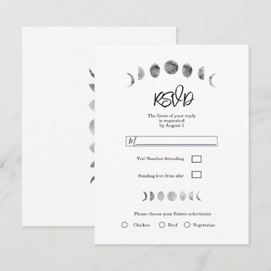 White Moon Phases Waterverf Minimal Wedding RSVP Kaart (Voorkant / Achterkant)