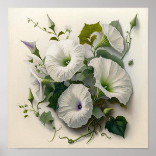 White Morning Glory Flowers Art Print Poster