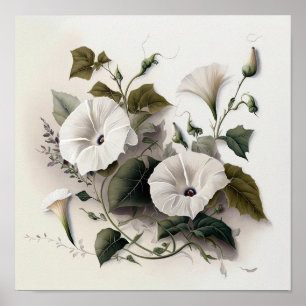 White Morning Glory Flowers Art Print Poster