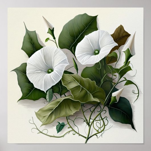 White Morning Glory Flowers Art Print Poster (Voorkant)