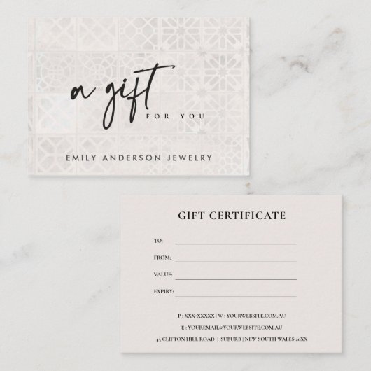 WHITE MOROCCAN TILE TEXTURE GIFT-CERTIFICAAT  VISITEKAARTJE (Voorkant / Achterkant)