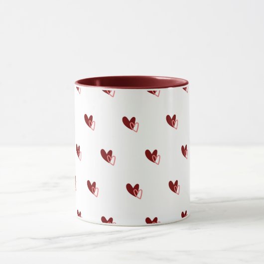 White Mug – Dark Red Hearts Pattern Mok (Midden)