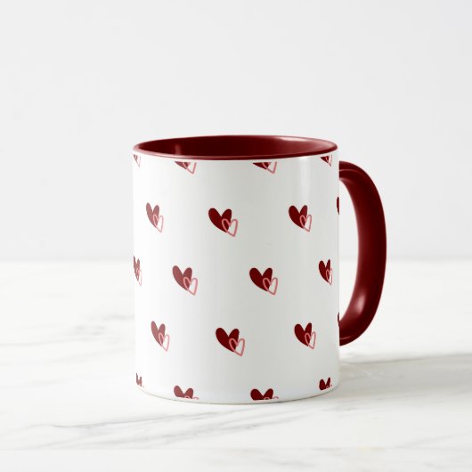  White Mug – Dark Red Hearts Pattern Mok (Voorkant rechts)