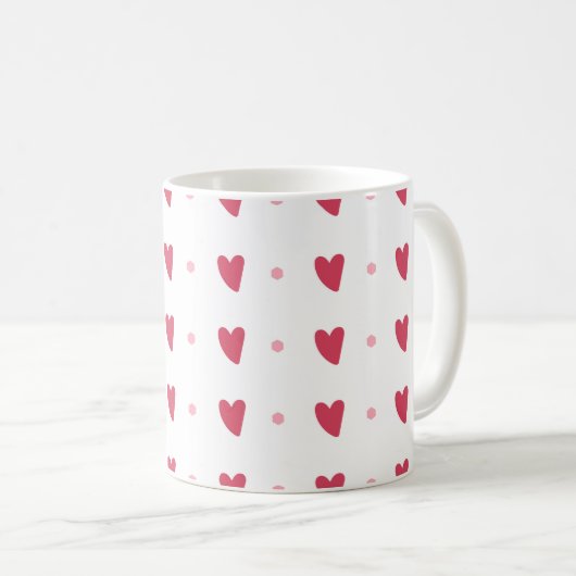 White Mug – Wavy Red Hearts & Dots Koffiemok (Voorkant rechts)