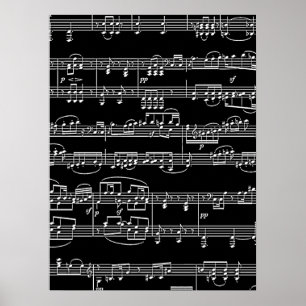 white musical notes on black, music poster