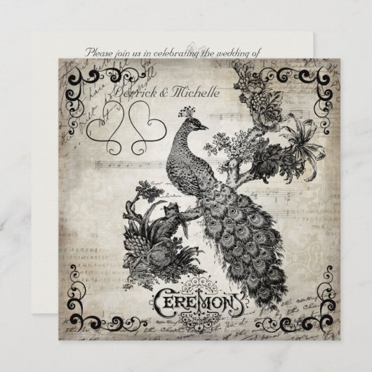 White Musical Notes Peacock Wedding Invitation Kaart (Voorkant / Achterkant)